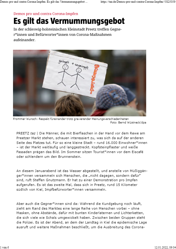 Taz Artikel vom 11.01.2022 über die Demonstrationen am 10.01.2022