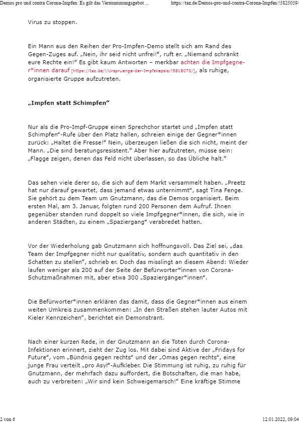 Taz Artikel vom 11.01.2022 über die Demonstrationen am 10.01.2022