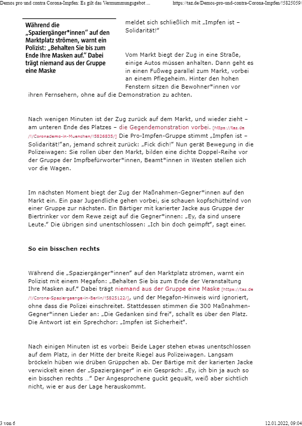 Taz Artikel vom 11.01.2022 über die Demonstrationen am 10.01.2022