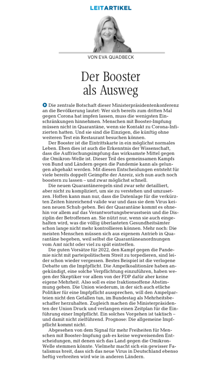 Leitartikel der Kieler Nachrichten zu Corona vom 08.01.20222