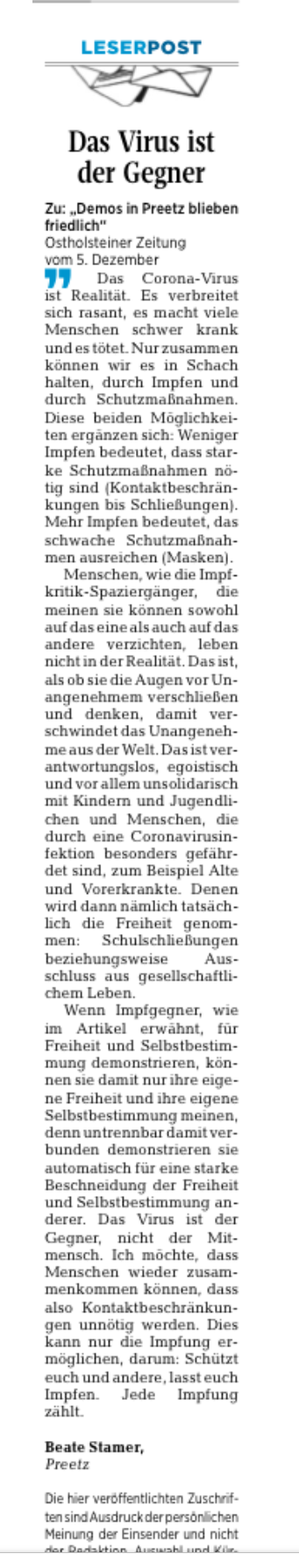 Leserbrief zu Corona Kieler NAchrichten 08.01.2022