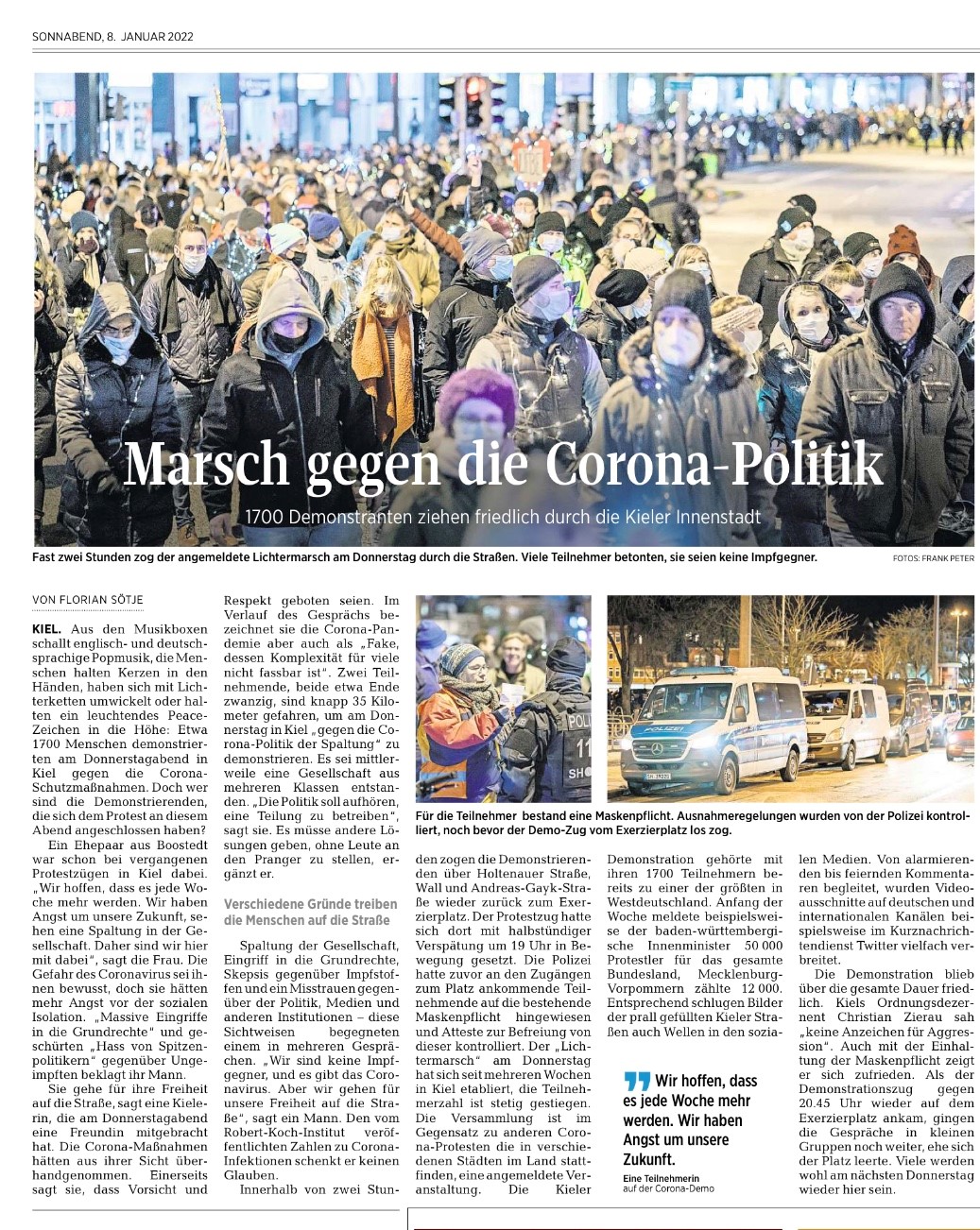 Kieler Nachrichten am 08.01.2022 zum Marsch in Kiel