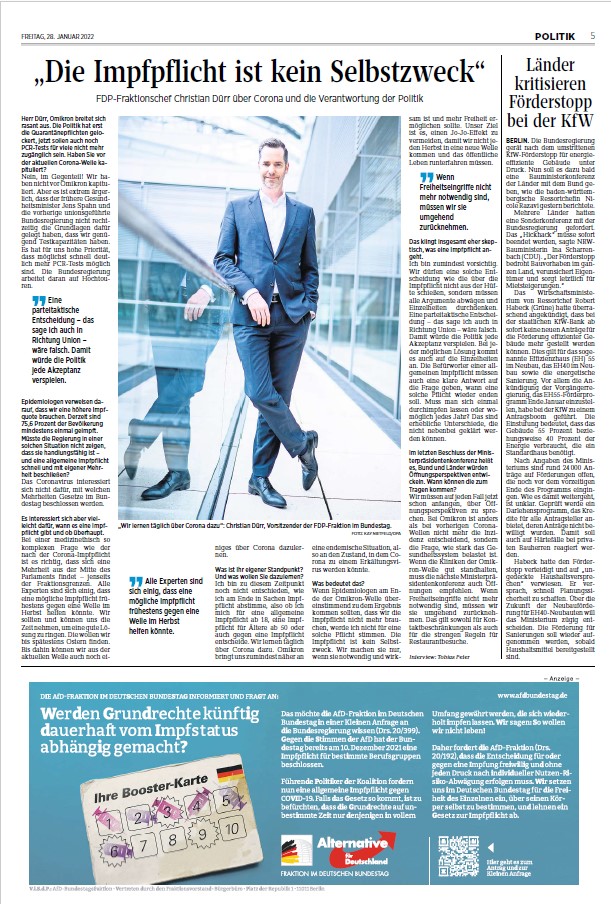 Kieler Nachrichten am 28.01.2021 FDP zur Impfpflicht sowie die Anzeige der AfD