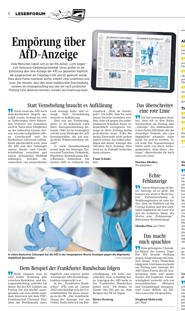 Kieler Nachrichten am 01.02.2022 Leserbriefe gegen AfD